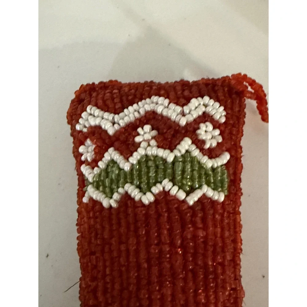 Vtg Beaded Christmas Stocking Ornament Red Green White Seed Bead Holiday Decor